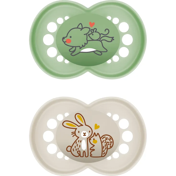 MAM Original Pure Schnuller im 2er-Set, zahnfreundlicher Baby Schnuller aus nachhaltigem & bio-erneuerbarem Material, Sauger aus MAM SkinSoft Silikon, mit Schnullerbox, 6-16 Monate, Hund/Hase