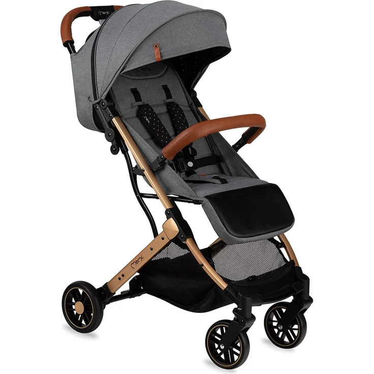 MOMI ESTELLE Kinderwagen für Kinder ab 6 Monat bis zu max körpergewicht von 15 kg, klappbar auf die Maße 65 x 51 x 21 cm, gewicht 7,5 kg, 5-Punkt-Sicherheitsgurt, koffer, grau-gold – Bild 1