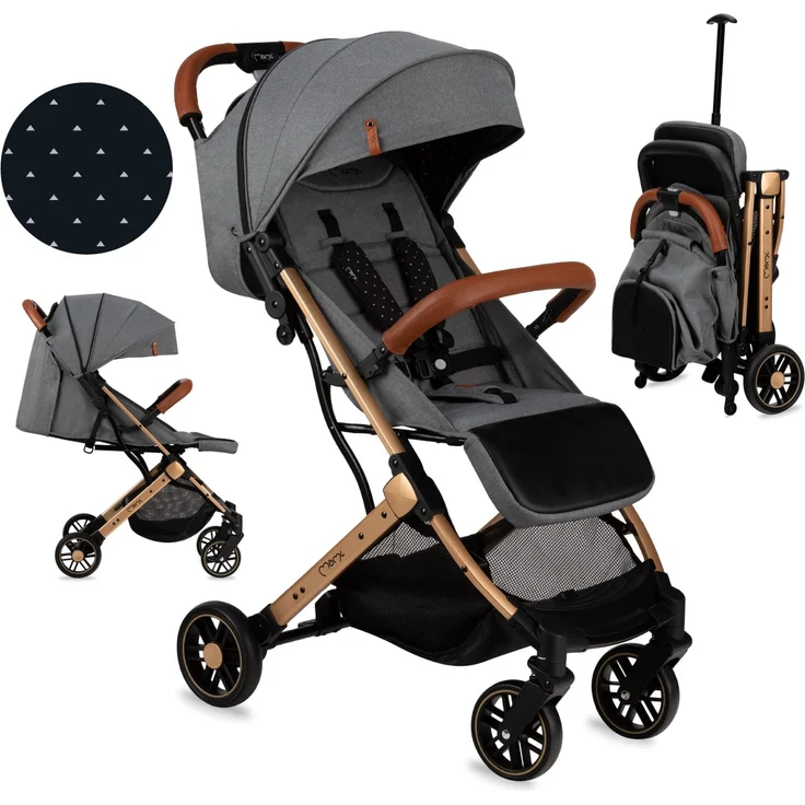 MOMI ESTELLE Kinderwagen für Kinder ab 6 Monat bis zu max körpergewicht von 15 kg, klappbar auf die Maße 65 x 51 x 21 cm, gewicht 7,5 kg, 5-Punkt-Sicherheitsgurt, koffer, grau-gold – Bild 3