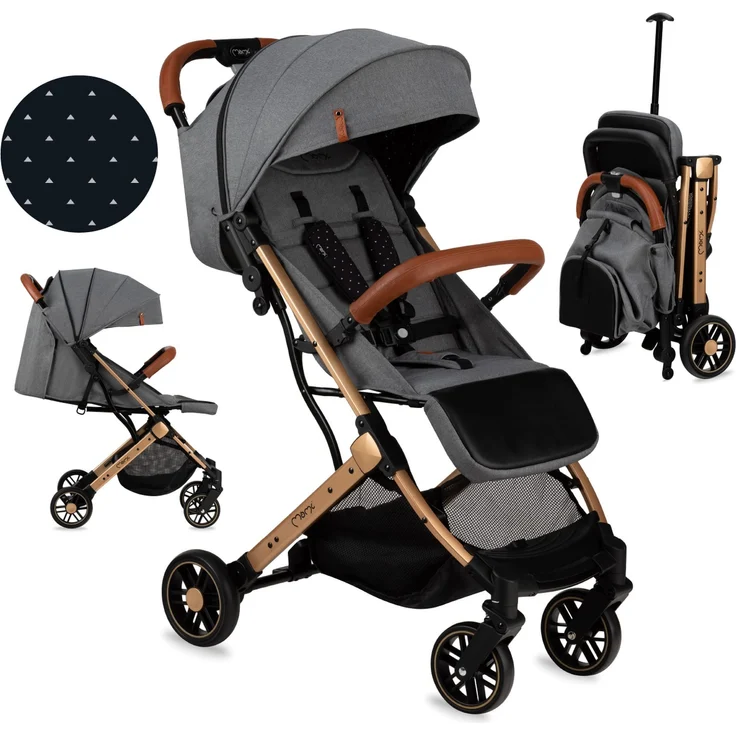MOMI ESTELLE Kinderwagen für Kinder ab 6 Monat bis zu max körpergewicht von 15 kg, klappbar auf die Maße 65 x 51 x 21 cm, gewicht 7,5 kg, 5-Punkt-Sicherheitsgurt, koffer, grau-gold – Bild 2
