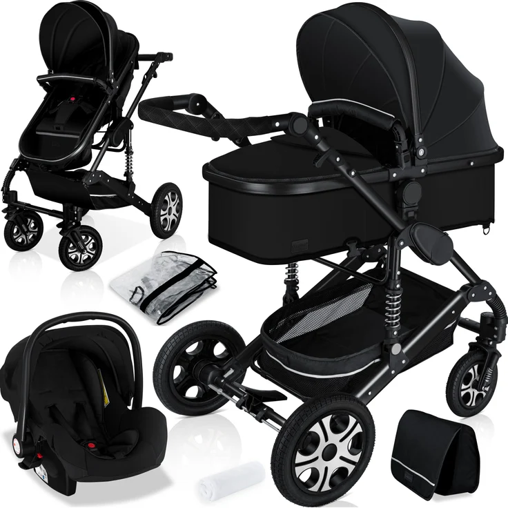 KESSER® 'Loops' Kombikinderwagen 3 in 1 Kinderwagen inkl. Babywanne, Buggy Sportsitz, Auto-Babyschale - Voll-Gummireifen - Wickeltasche/Regenschutz Schwarz / Schwarz – Bild 1