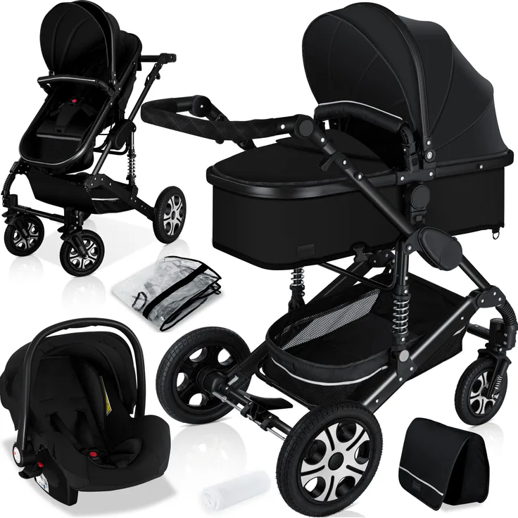KESSER® 'Loops' Kombikinderwagen 3 in 1 Kinderwagen inkl. Babywanne, Buggy Sportsitz, Auto-Babyschale - Voll-Gummireifen - Wickeltasche/Regenschutz Schwarz / Schwarz