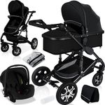 KESSER® 'Loops' Kombikinderwagen 3 in 1 Kinderwagen inkl. Babywanne, Buggy Sportsitz, Auto-Babyschale - Voll-Gummireifen - Wickeltasche/Regenschutz Schwarz / Schwarz