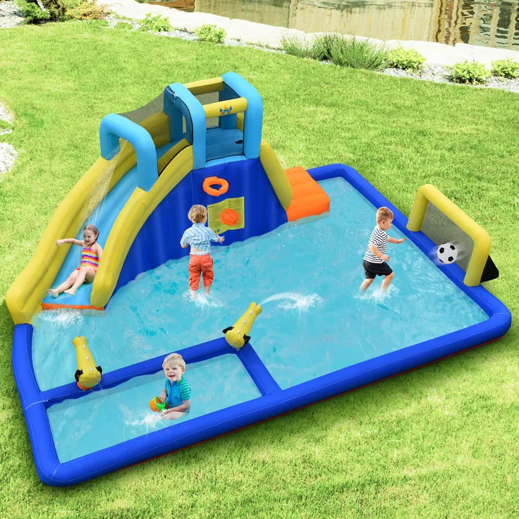 COSTWAY Hüpfburg mit Wasserrutsche aufblasbare Springburg Spielplatz  Spielpool Wasserspielcenter Planschbecken Wasserpark 525x373x205cm
