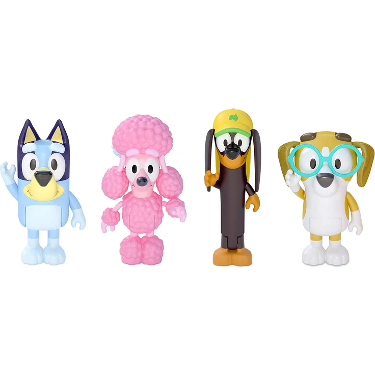Bluey 4er-Figuren-Set: Bluey und ihre Freunde: Bluey, Coco, Snickers und Honey; 6,3 - 7,6 cm große Figuren mit beweglichen Gelenken – offizieller Bluey-Sammelartikel – Bild 1