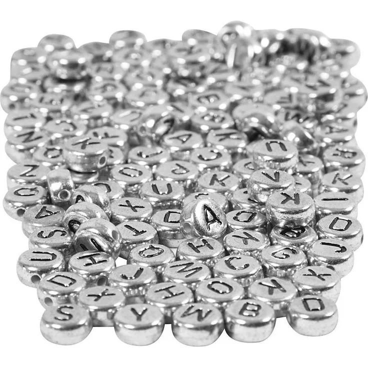 Buchstaben-Perlen, D: 7 mm, Lochgröße 1,2 mm, Silber, 21g, ca. 200 Stück