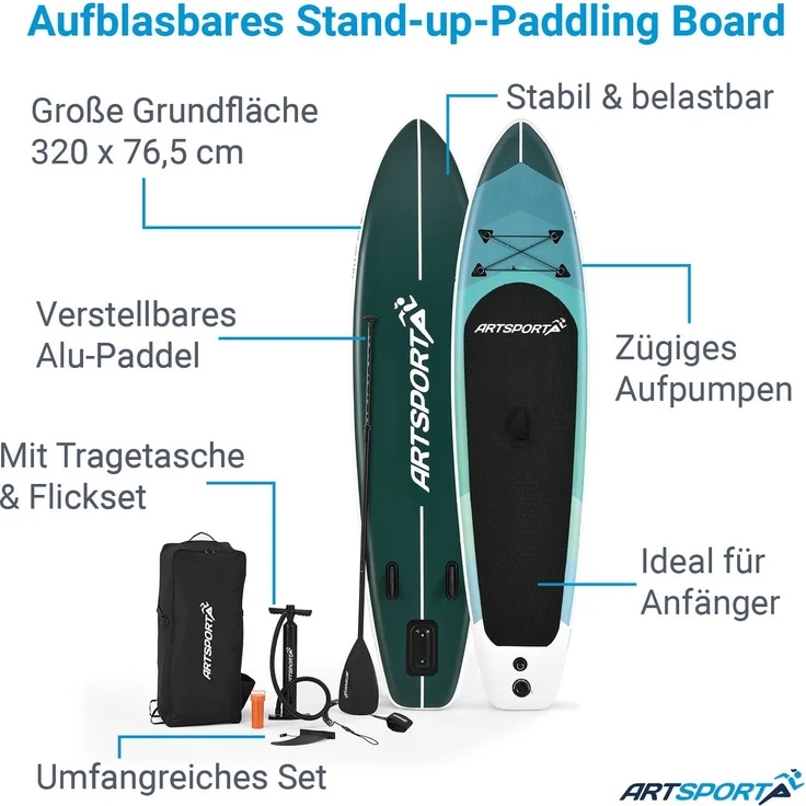 ArtSport Stand Up Paddle Board Blue Wave aufblasbar – SUP Board Set mit Pumpe, Paddel, Tasche und Zubehör – Tragkraft bis 150 kg – Blau gestreift - Preisvergleich – Bild 3