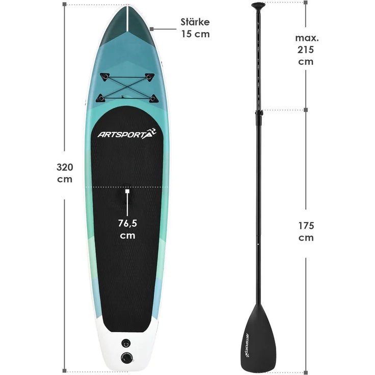 ArtSport Stand Up Paddle Board Blue Wave aufblasbar – SUP Board Set mit Pumpe, Paddel, Tasche und Zubehör – Tragkraft bis 150 kg – Blau gestreift - Preisvergleich – Bild 6