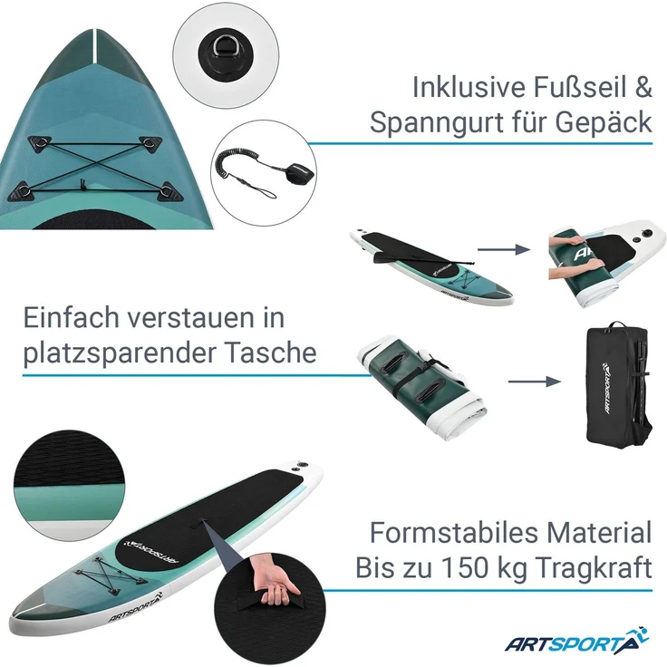 ArtSport Stand Up Paddle Board Blue Wave aufblasbar – SUP Board Set mit Pumpe, Paddel, Tasche und Zubehör – Tragkraft bis 150 kg – Blau gestreift - Preisvergleich – Bild 4
