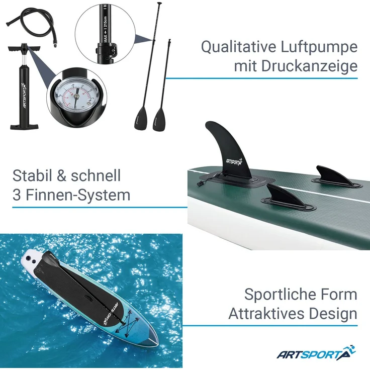 ArtSport Stand Up Paddle Board Blue Wave aufblasbar – SUP Board Set mit Pumpe, Paddel, Tasche und Zubehör – Tragkraft bis 150 kg – Blau gestreift - Preisvergleich – Bild 5