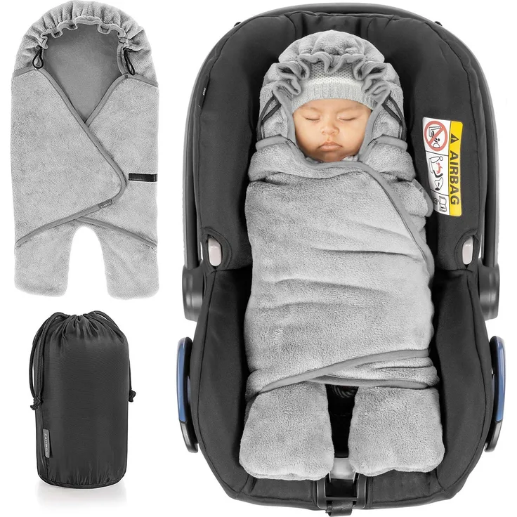 Zamboo Baby Einschlagdecke mit Füßen - Winter - gefütterte Decke für Babyschalen/Autositze (passend für Maxi-Cosi, Cybex, Römer) und Kinderwagen, mit Kapuze und Tasche - Grau