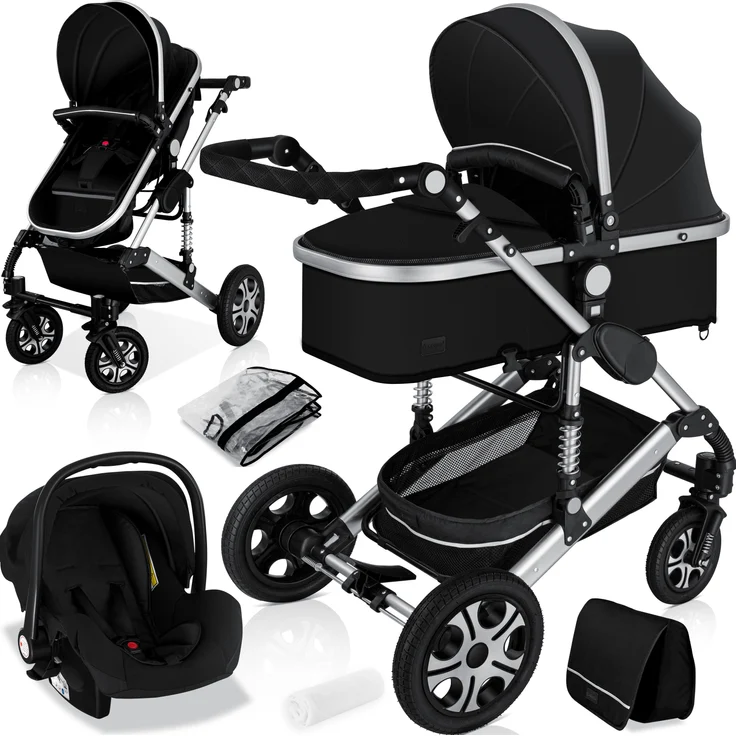 KESSER® Loops 3 in 1 Kinderwagen Kombikinderwagen Komplettset incl. Babywanne & Buggy Sportsitz & Auto-Babyschale - Voll-Gummireifen - Wickeltasche/Regenschutz/Kindertisch Set Schwarz / Silber – Bild 1