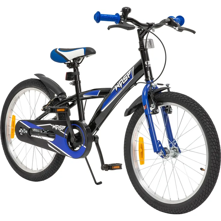 Kinderfahrrad Wasp 20 Zoll Kinder Fahrrad schwarz mit Fahrradständer Kinderrad (Schwarz-Blau)