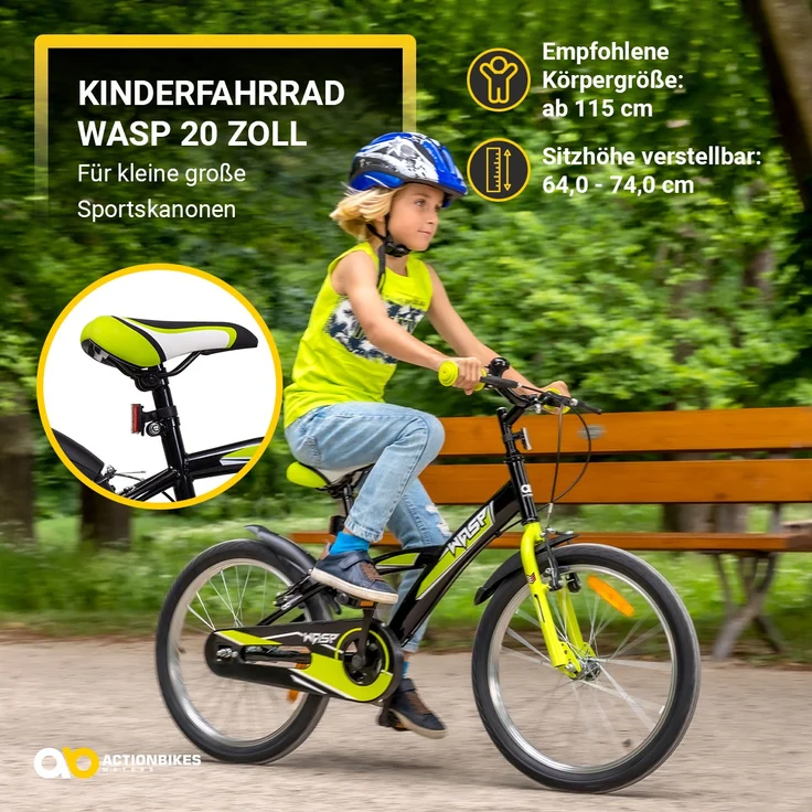 Kinderfahrrad Wasp 20 Zoll Kinder Fahrrad schwarz mit Fahrradständer Kinderrad (Schwarz-Blau) – Bild 2