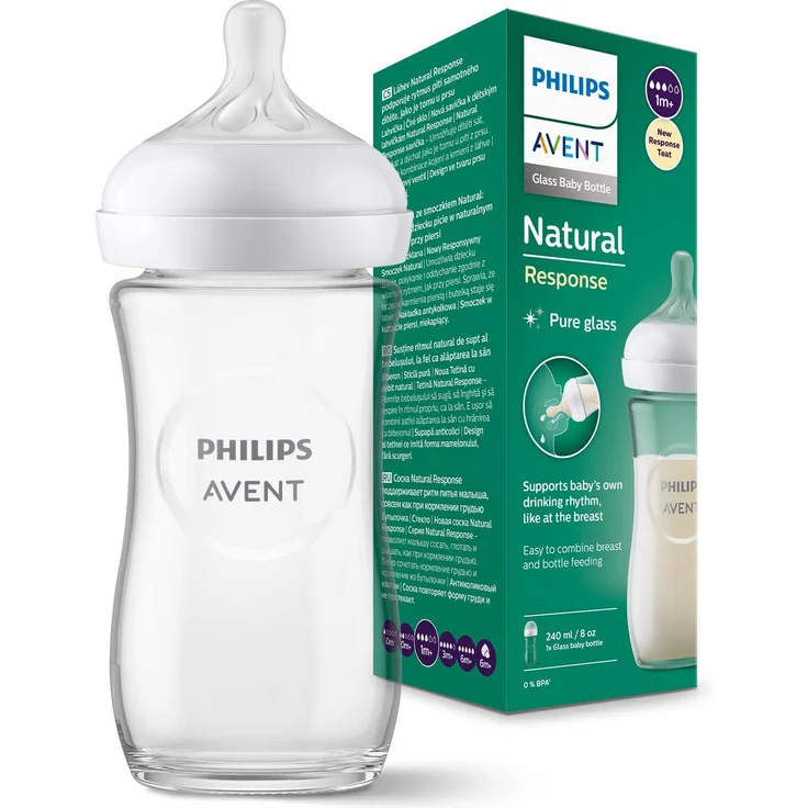 Philips Avent Babyflasche Natural Response aus Glas – Babyflasche, 240 ml, BPA-frei, für Neugeborene ab 1 Monat (Modell SCY933/01) – Bild 1