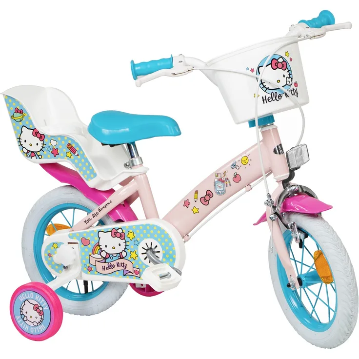 Kinderfahrrad Hello Kitty 12 Zoll Rosa mit Felgenbremse, Trommelbremse, Stützrädern, Korb und Puppensitz