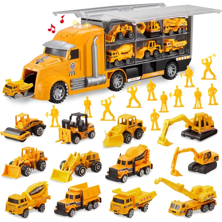 JOYIN 14-in-1Druckguss Baufahrzeug Spielzeugset, Spielfahrzeuge mit Geräuschen und Lichtern im Transportwagen, Push-and-Go-Fahrzeug, Autospielzeug, Kindergeburtstagsgeschenke für über 3-jährige Jungen