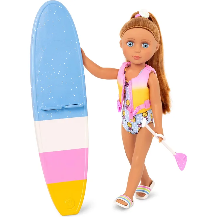 Glitter Girls Deluxe Puppe Surferin Tammy – Bewegliche 36 cm Puppe mit Puppenkleidung, Zubehör und braunen Langen Haaren zum Frisieren – Spielzeug ab 3 Jahren (8 Teile)