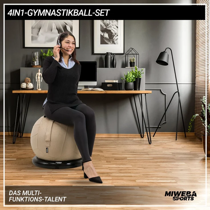 Miweba Sports 4in1-Gymnastikball-Set Sitzball Ballschale Bezug Yoga Fitnessball (Beige) – Bild 2