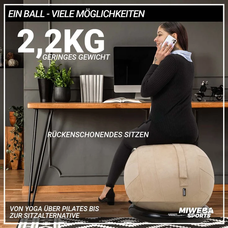 Miweba Sports 4in1-Gymnastikball-Set Sitzball Ballschale Bezug Yoga Fitnessball (Beige) – Bild 6