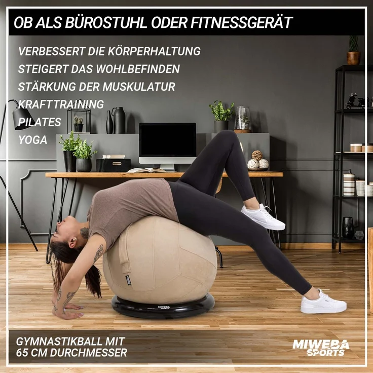 Miweba Sports 4in1-Gymnastikball-Set Sitzball Ballschale Bezug Yoga Fitnessball (Beige) – Bild 3