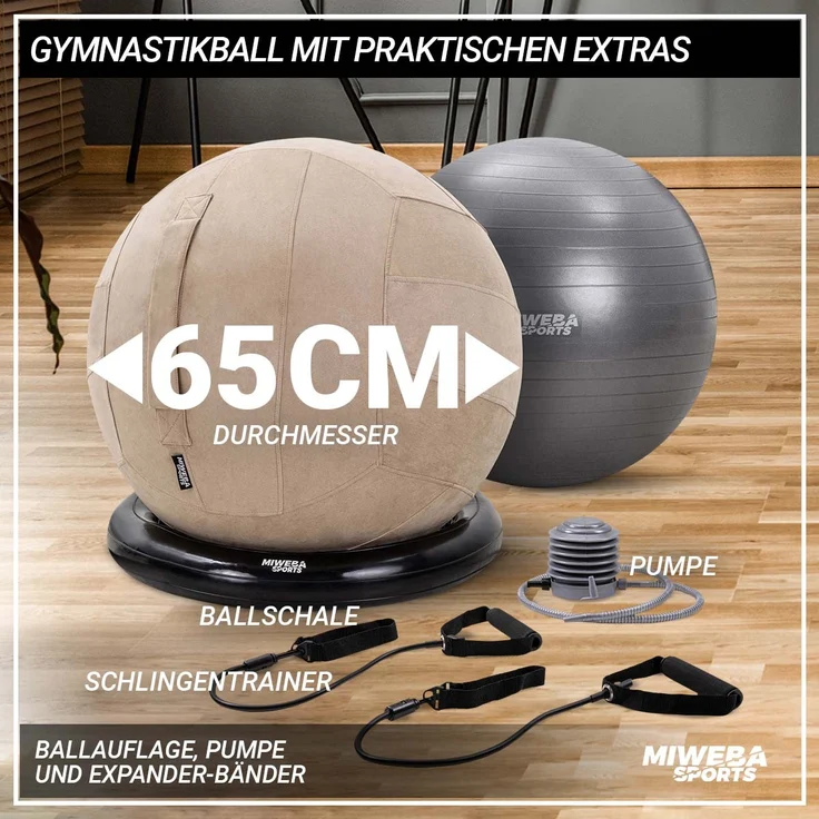 Miweba Sports 4in1-Gymnastikball-Set Sitzball Ballschale Bezug Yoga Fitnessball (Beige) – Bild 8