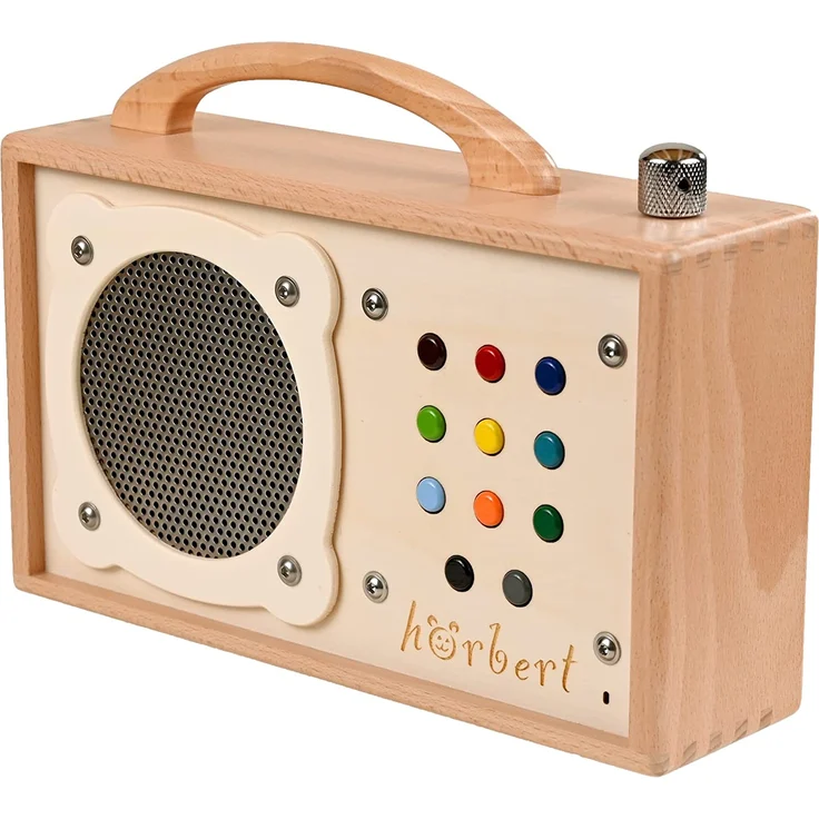 hörbert - Musikbox für Kinder. MP3-Player aus Holz mit 9 Playlists. Inklusive Mikrofon, Internet-Radio, Bluetooth-Lautsprecher. Mit vorbespielter, wiederbespielbarer Speicherkarte. – Bild 2