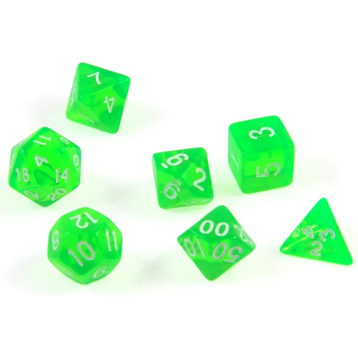 shibby 7 polyedrische Würfel für Rollen- und Tabletopspiele in transparent / grün mit Beutel, 60015385