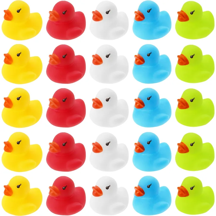25 WELLGRO Badeenten - bunt (gelb, rot, weiß, blau, grün), je Ente ca. 3,5 x 3 cm (ØxH), Gummiente, im Netz