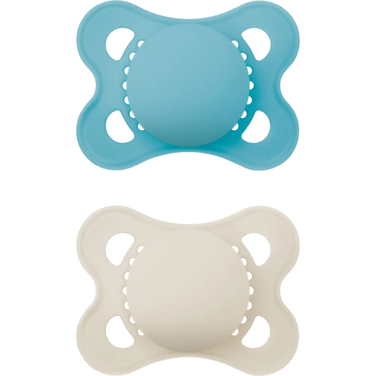 MAM Original Pure Schnuller im 2er-Set, zahnfreundlicher Baby Schnuller aus nachhaltigem & bio-erneuerbarem Material, Sauger aus MAM SkinSoft Silikon, mit Schnullerbox, 0-6 Monate, blau/beige – Bild 1
