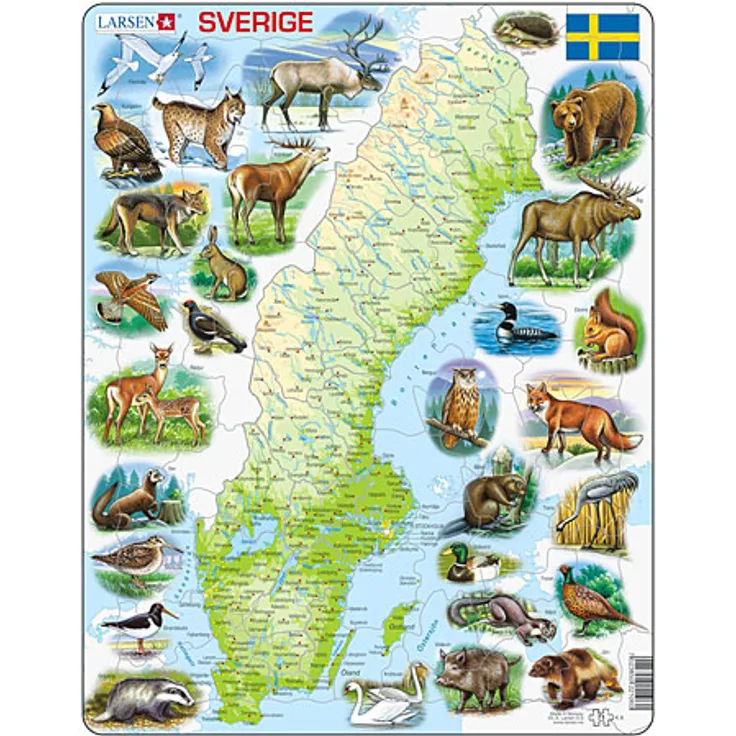 Larsen Puzzle Physische Karte - Schweden mit Tieren