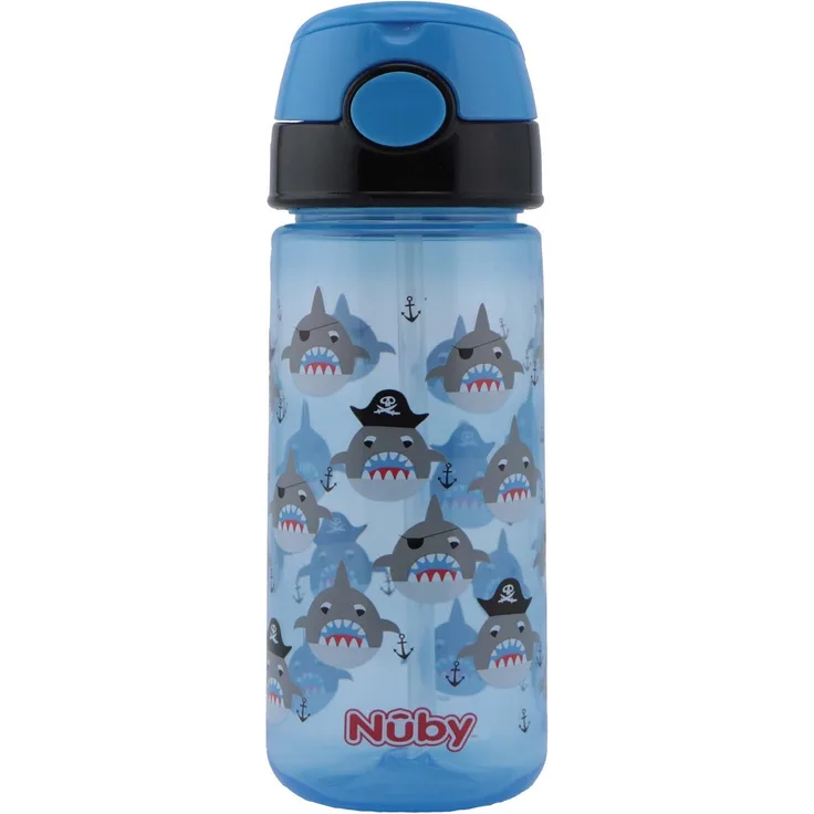 Nuby - Becher aus PP mit weichem Trinkhalm und Druckknopf in Blau - 540 ml - ab 3 Jahre