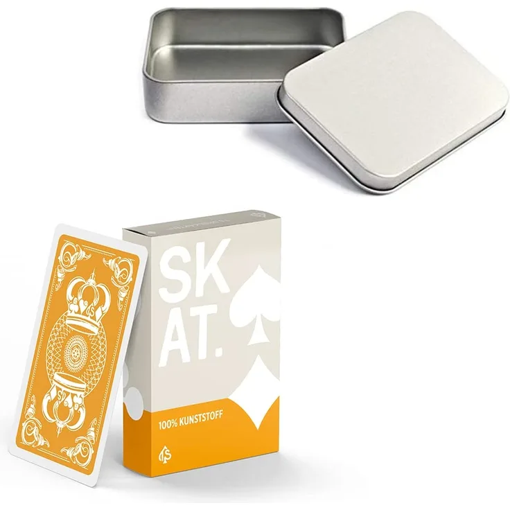 Skat Kartenspiel aus 100% Kunststoff (Plastik +) französisches Bild, wasserfest und abwaschbar, Skatkarten, Mengenrabatt auswählbar + Set Metalldose / Metallbox (Kunststoff + Metalldose)