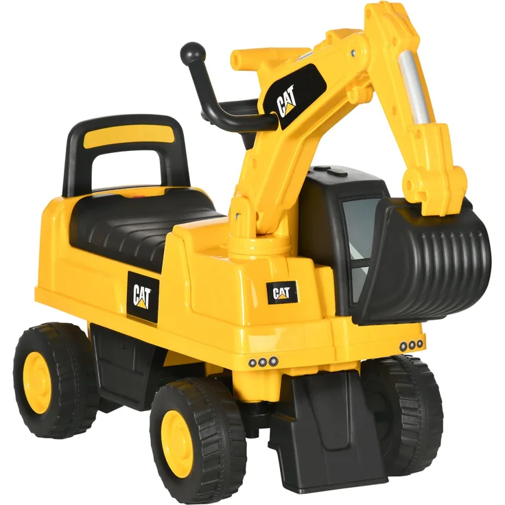 HOMCOM Sitzbagger, Rutscherfahrzeug mit Schaufel, Bagger zum draufsitzen, Aufsitzbagger mit Hupe, Stauraum unter Sitz, Rutschauto, Tretauto für Kinder ab 12 Monaten, Gelb+Schwarz, 85 x 27,5 x 47,5 cm
