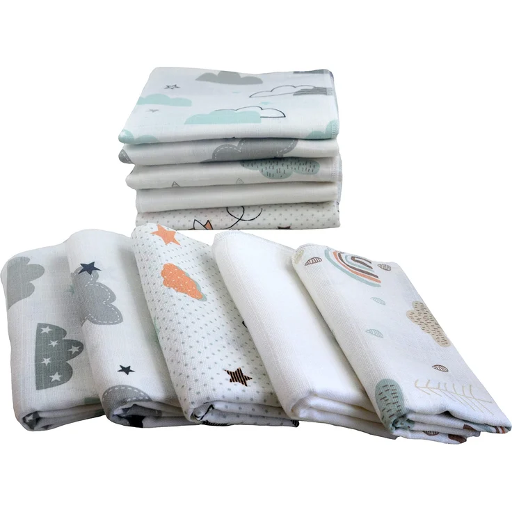 Mullwindeln 10 Stück Mix | Spucktücher Baby | Stoffwindeln 80 x 70 cm | Saugfähige Mulltücher | Öko-Tex (Set Unisex Wolken)