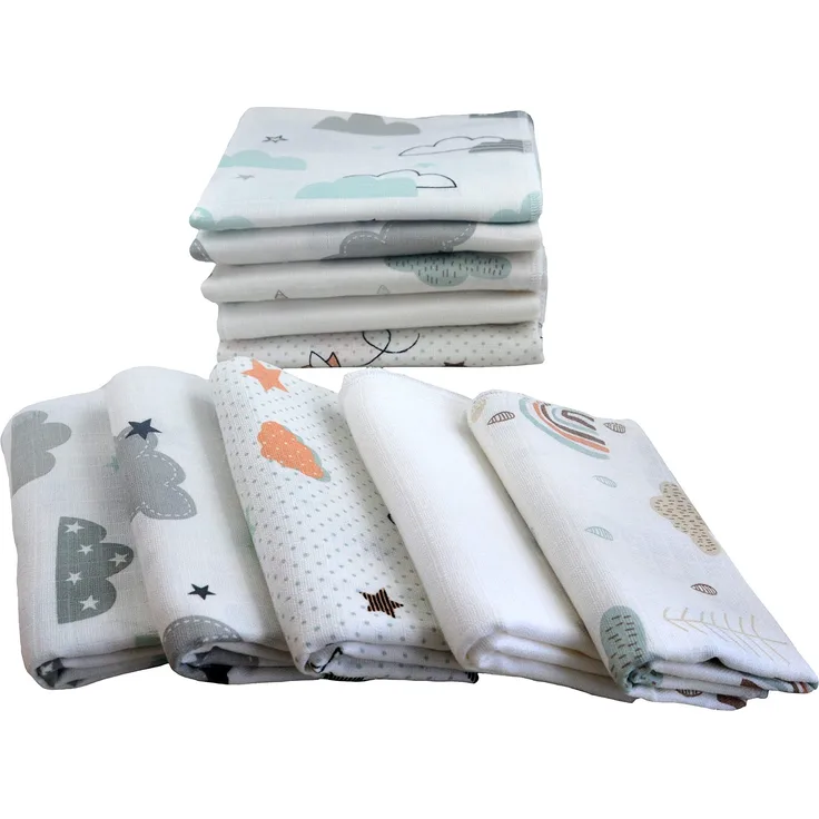 Mullwindeln 10 Stück Mix | Spucktücher Baby | Stoffwindeln 80 x 70 cm | Saugfähige Mulltücher | Öko-Tex (Set Unisex Wolken)