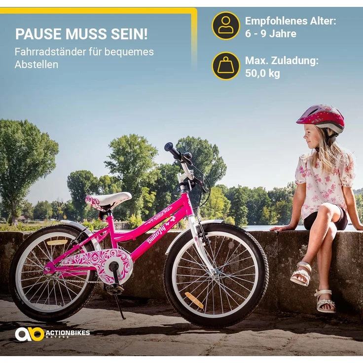 Kinderfahrrad Butterfly 20 Zoll Kinder Mädchen Fahrrad pink mit Fahrradständer (Pink/Weiß) – Bild 2