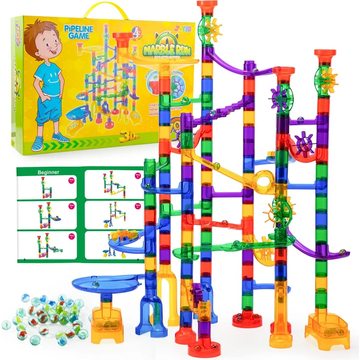 JOYIN 170 Stück Mehrfarbige Murmelbahn Marble Run Set mit 120 Kunststoffteile 50 Glasmurmeln, Bausteine, Kugelbahn Lernspielzeug, Bausteinspielzeug, Konstruktionspielzeug für Kinder – Bild 1