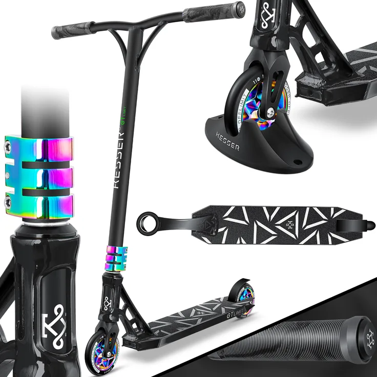 KESSER 'Stunt Scooter GT-Limit', 360° Lenkung, mit Ständer, ABEC 9 Kugellagern, 110 mm PU Räder, max. belastbar bis 100 kg, Schwarz / Rainbow