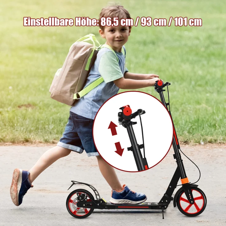 COSTWAY Kickscooter mit Klingel & Traggurt, Scooter höhenverstellbar, Cityroller bis 100kg belastbar, klappbar – Bild 3