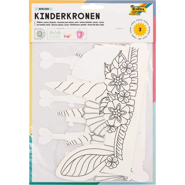 folia 23307 - Kinderkronen-Set Märchen, aus Pappe, 3 Kronen in verschiedenen Formen, weiß, zum selbst Bemalen und Gestalten, für Kinder, Jungen und Mädchen, ideal für Kindergeburtstage und Partys