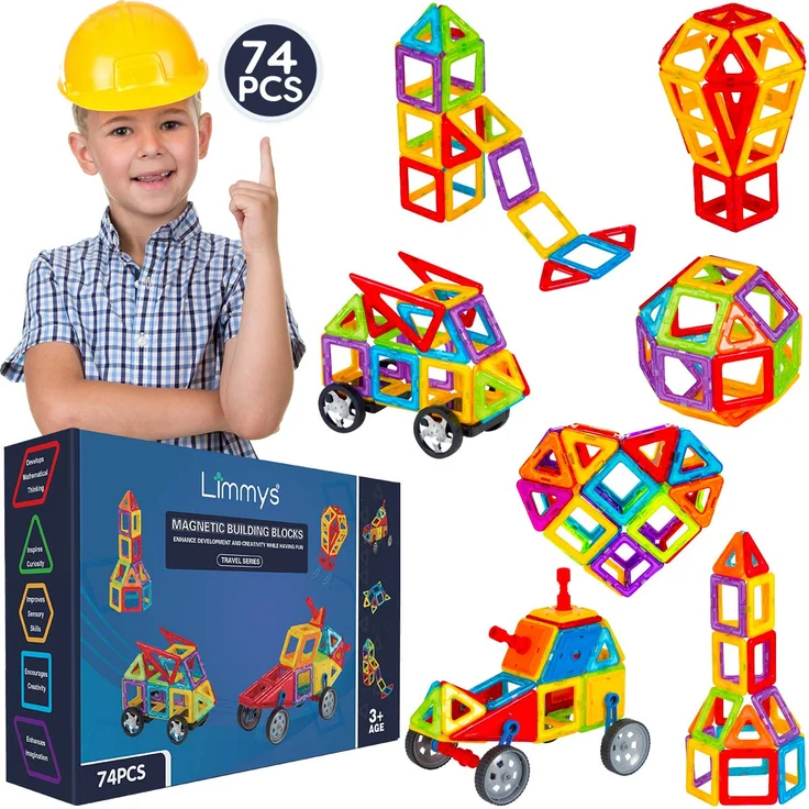 Limmys Magnetische Bausteine – Magnetspielzeug ab 3 Jahre für Jungen und Mädchen – Pädagogisches Naturwissenschaftliches Spielzeug 74-teilig mit Ideenheft – Bild 1
