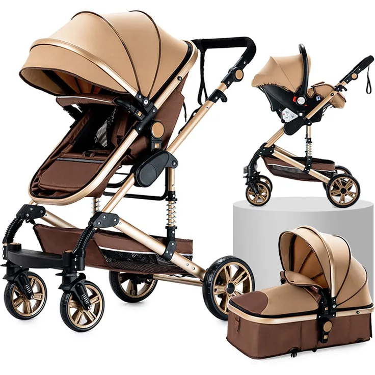 3 in 1 Kombikinderwagen Kinderwagen 3 in 1 Hochformat Kinderwagen Liegender Kinderwagen Faltbarer Kinderwagen Babywiege Neugeborenen Kinderwagen (beige)