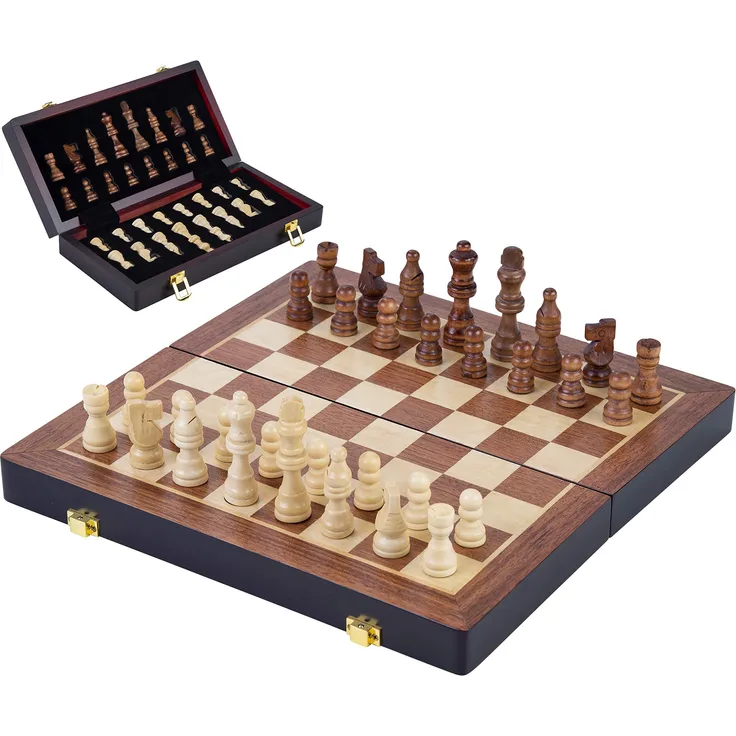 Engelhart- Hochwertiges Massivholz - Schachspiel aus Eschenholz - 32 Stück aus geschnitztem und lackiertem Holz - Abschließbarer Koffer - (24,5 cm)