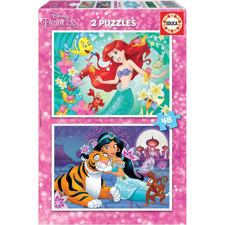 Educa 18213, Arielle und Jasmin, 2x48 Teile Puzzle für Kinder ab 4, Arielle die Meerjungfrau, Aladdin
