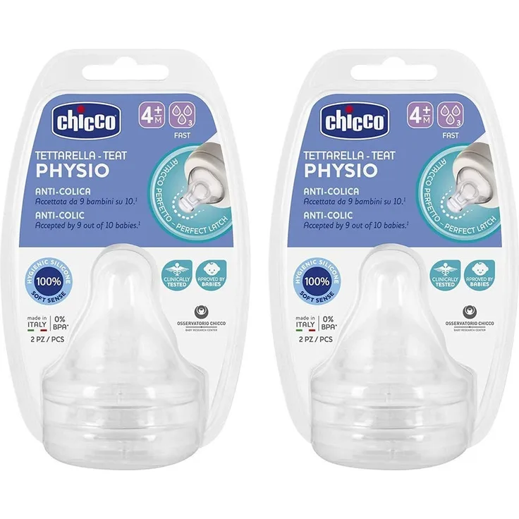 Chicco Perfect-5 Sauger-Set 4 Stk. SOFT SENSE-SILIKON Sauger Gr. 3 4 Monate + Fast flow, Made in Italy