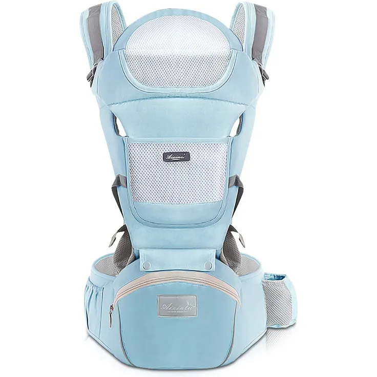 SONARIN Babytrage Ergonomisch mit Hüftsitz/reiner Baumwolle, Kopfstütze, Mehrfachpositionierung: Rücken, Bauch, einstellbar für Neugeborene und Kleinkinder 0 bis 36 Monate (bis zu 30 kg) Hellblau