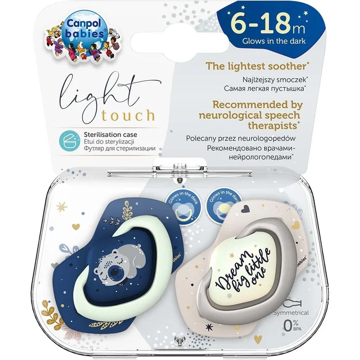 Canpol babies Silikon Light Touch Schnuller, 2er Packung, Sterilisationskapsel, BPA frei (6-18m, Sleepy Koala Boy)