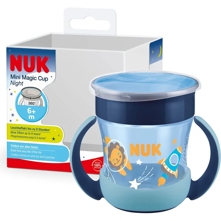NUK Mini Magic Cup Trinklernbecher mit Leuchteffekt | 6+ Monate | 160 ml | auslaufsicherer 360°-Trinkrand | ergonomische Griffe | BPA-frei | Löwe (blau) – Bild 1