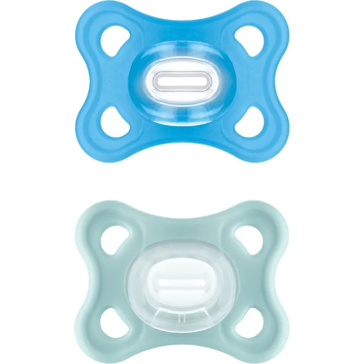 MAM Comfort Schnuller im 2er-Set, extra weicher und leichter Schnuller für kleine Babys, kieferorthopädische Schnuller aus 100% MAM SkinSoft Silikon mit Sterilisationsbox, 2-6 Monate, blau/wassergrün